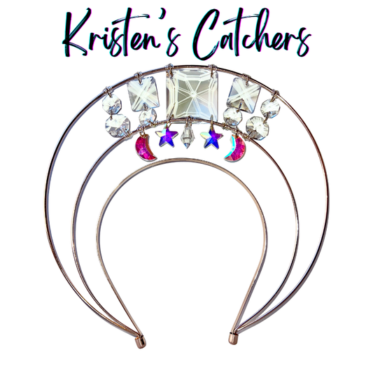 Double layer rose gold wire halo goddess crown hand-adorned with a large clear square prism centerpiece, clear rivoli crystals, iridescent A/B star shaped crystals, and pink A/B crescent moon crystals