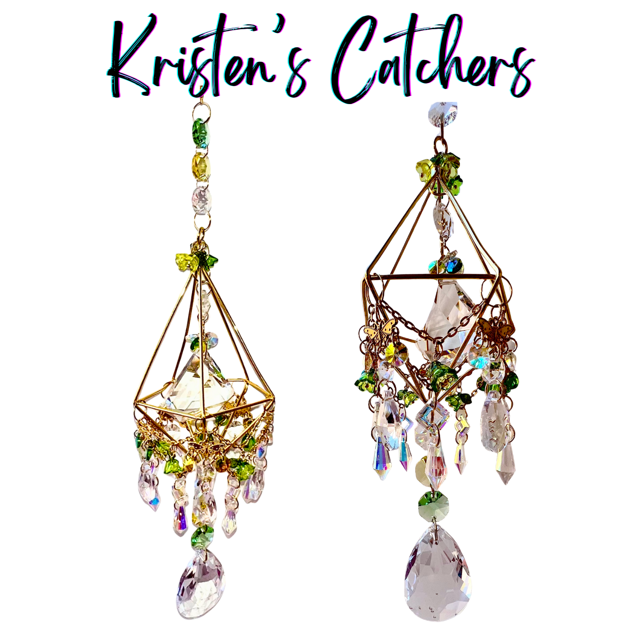 Peridot-themed geometric sun catcher with diamond wire frames, light green and yellow flower accents, and cascading prisms in August birthstone colors