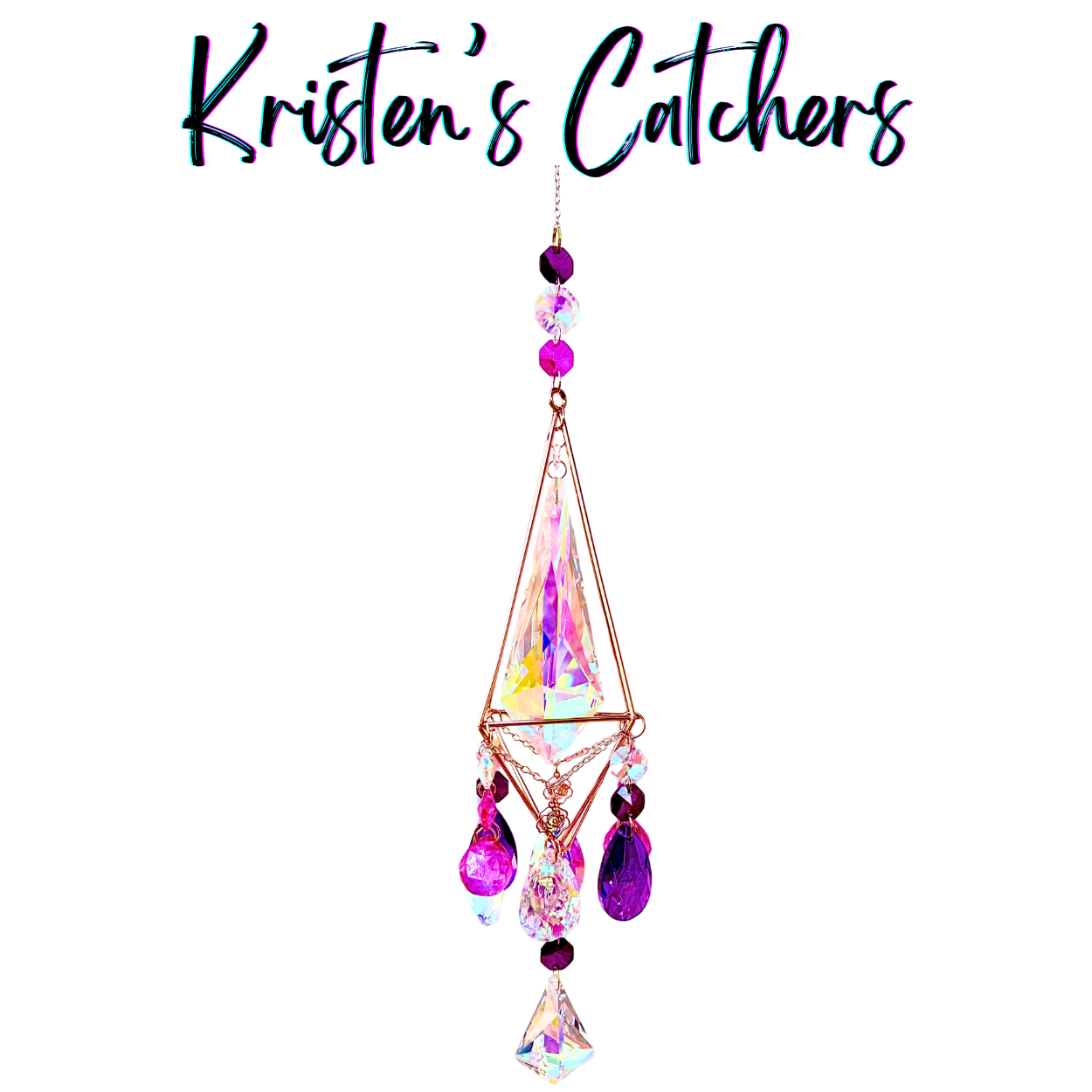 Rose gold 3D geometric sun catcher with triangular frame featuring extra-large A/B center crystal and cascading purple magenta prism party