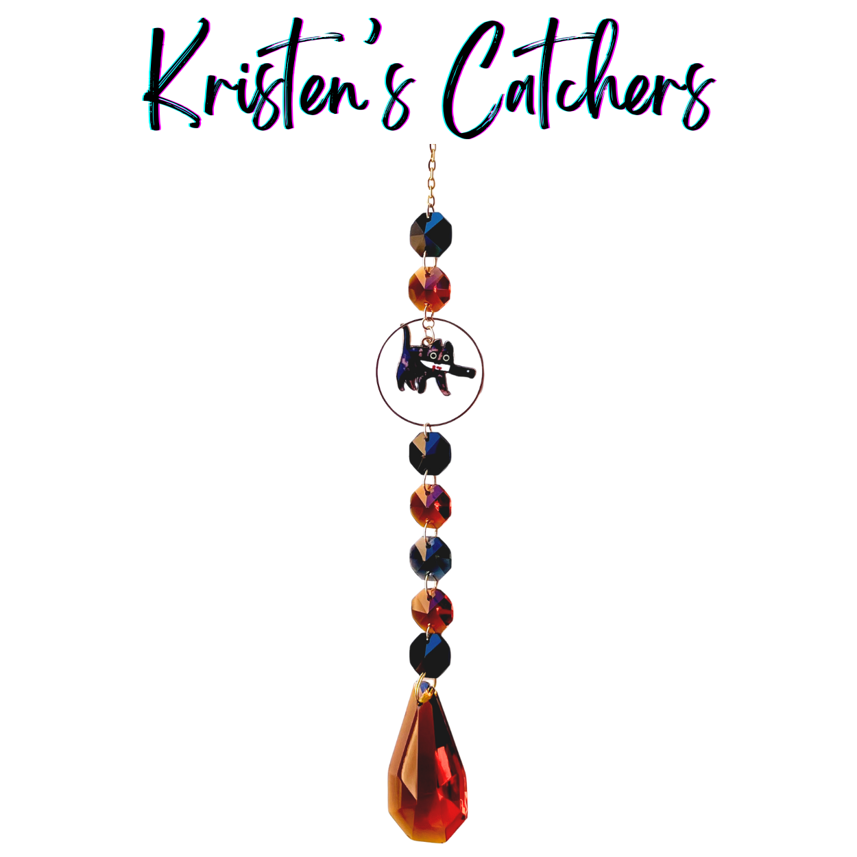 Tortie Attitude Killer Cats sun catcher with tortoiseshell cat centerpiece featuring alternating amber and black crystals with large amber teardrop