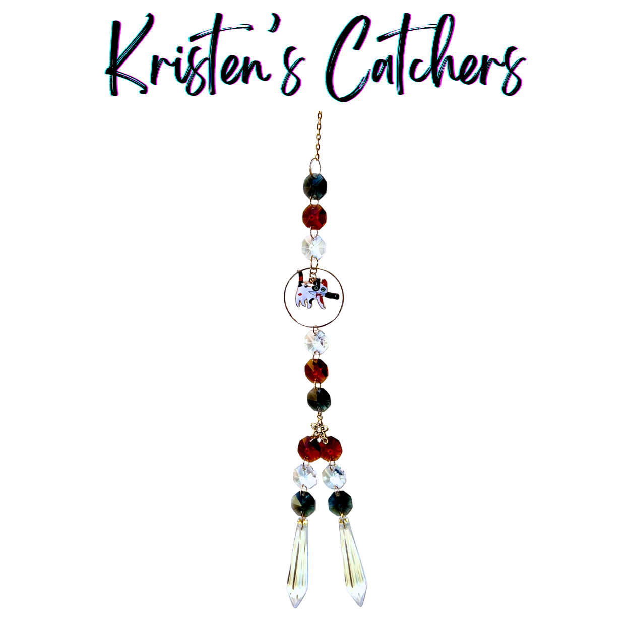 Calico Whiskers Killer Cats sun catcher featuring calico cat centerpiece with burgundy, gray and clear crystals in multi-strand design