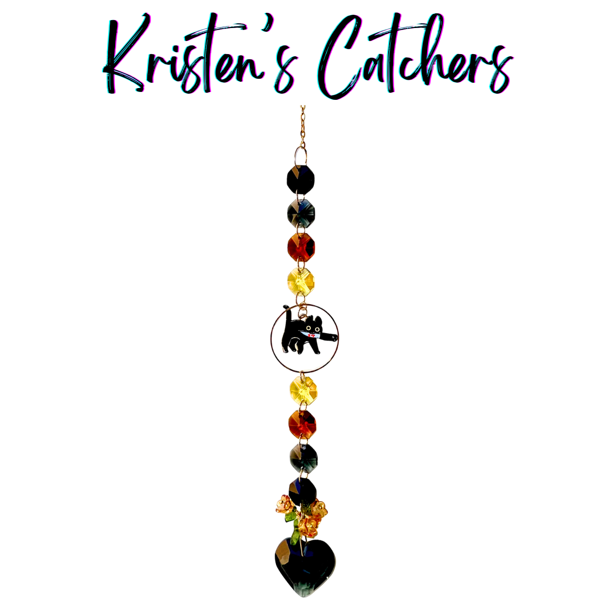 Void Kitty Tribute sun catcher with black cat centerpiece featuring yellow and amber eye-color crystals, black heart crystal, and autumn flowers