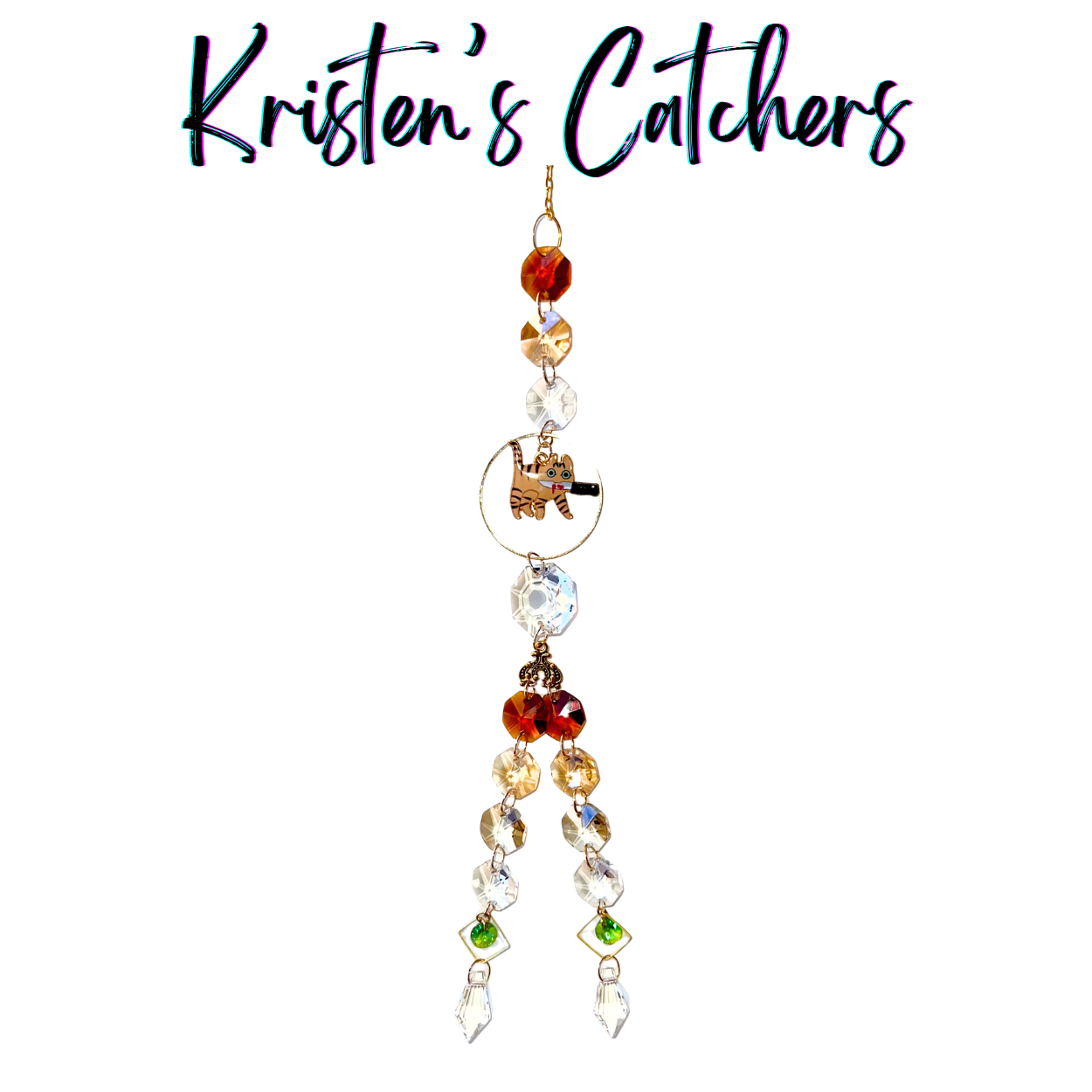 Orange Tabby Killer Cats sun catcher with orange tabby cat centerpiece featuring amber, red and clear crystals with green diamond accents
