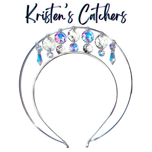 Silver single layer crystal crown with clear and AB blue crystals and icicle drop accents