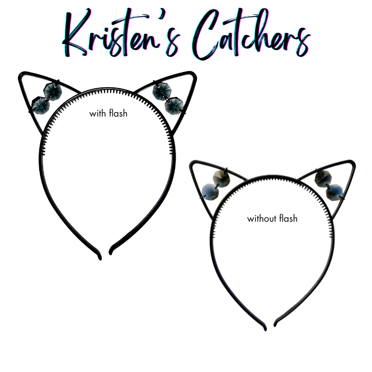 Black faceted glass crystal cat ear headband sun catcher shown with and without flash photography