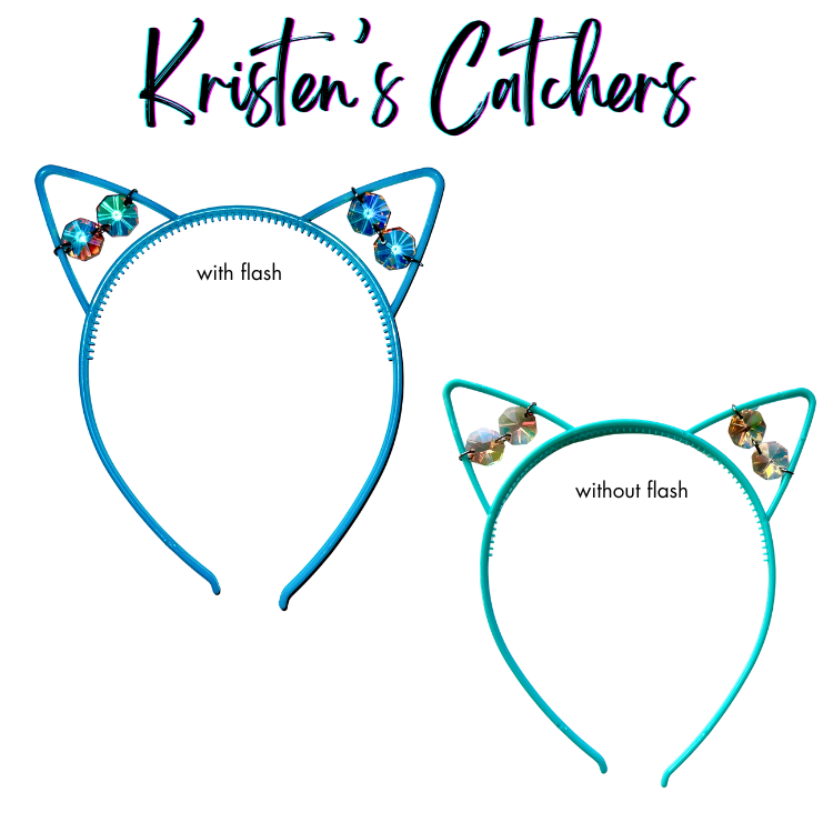 Iridescent faceted glass crystal cat ear headband on teal-blue frame shown with and without flash photography