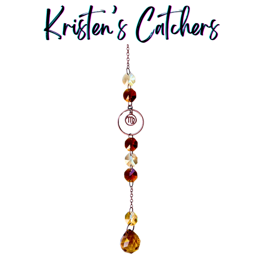 Virgo zodiac sun catcher with maiden symbol centerpiece featuring amber and champagne crystals with rose gold hardware