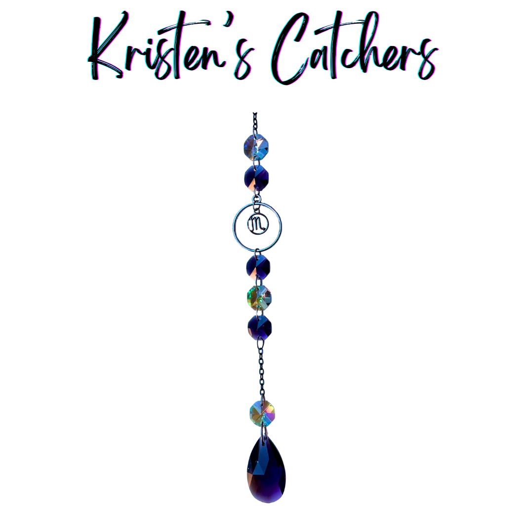 Scorpio zodiac sun catcher with gunmetal scorpion symbol centerpiece featuring navy blue and teal crystals with black chain