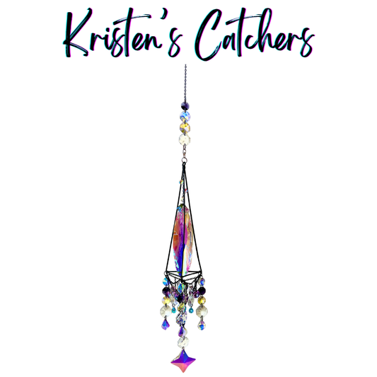One of a kind purple blue yellow and black crystal sun catcher with star crystal drop, 24 inches long with 5 inch centerpiece