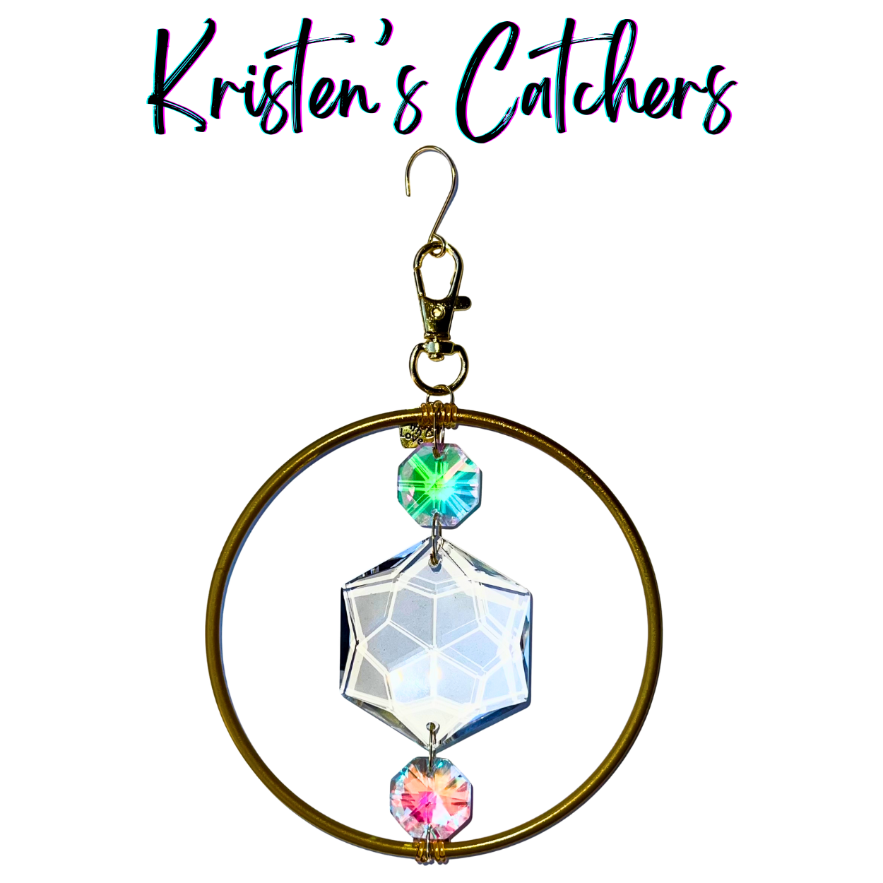 Geometric harmony ornamental sun catcher with 4-inch golden ring, hexagon center prism and pink green A/B crystals
