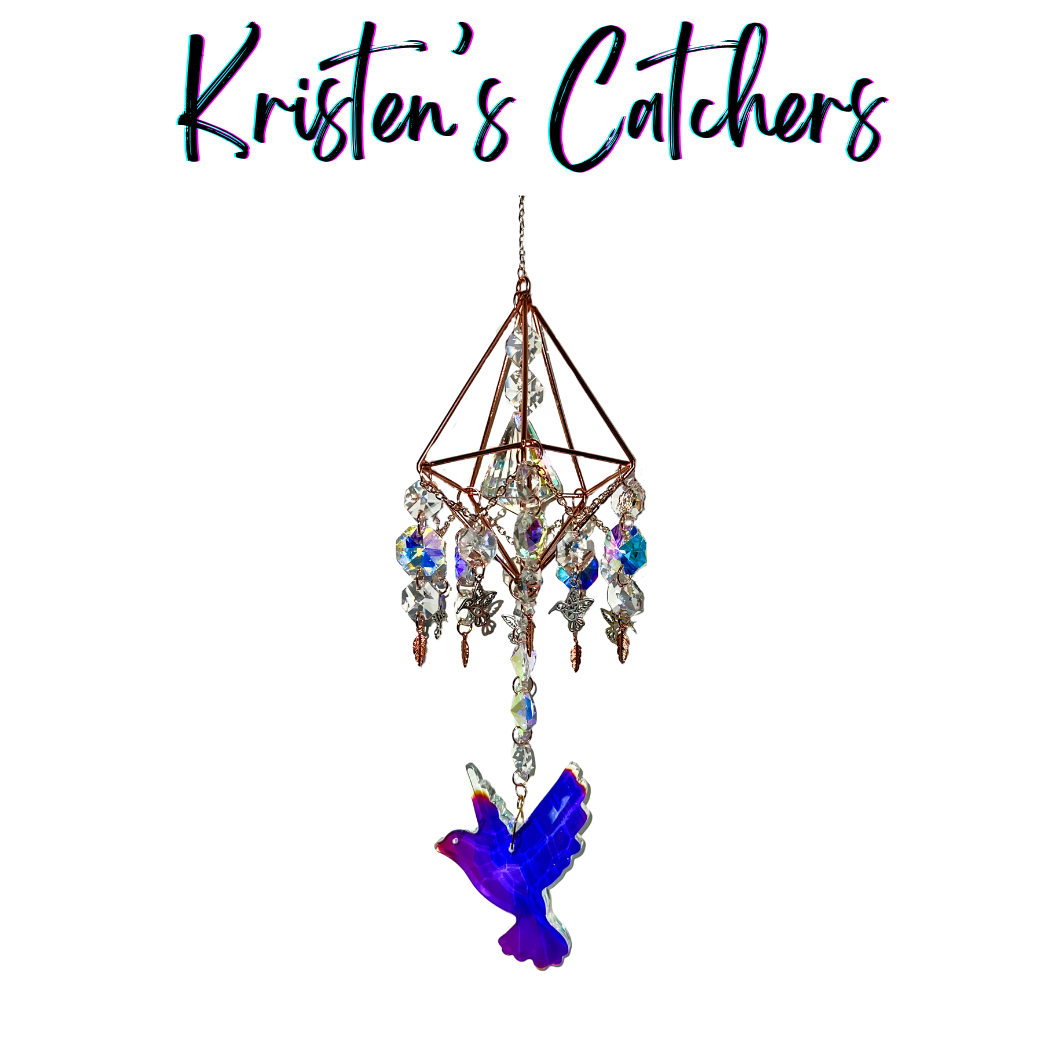 3D copper pyramid sun catcher with cobalt blue hummingbird and silver charms