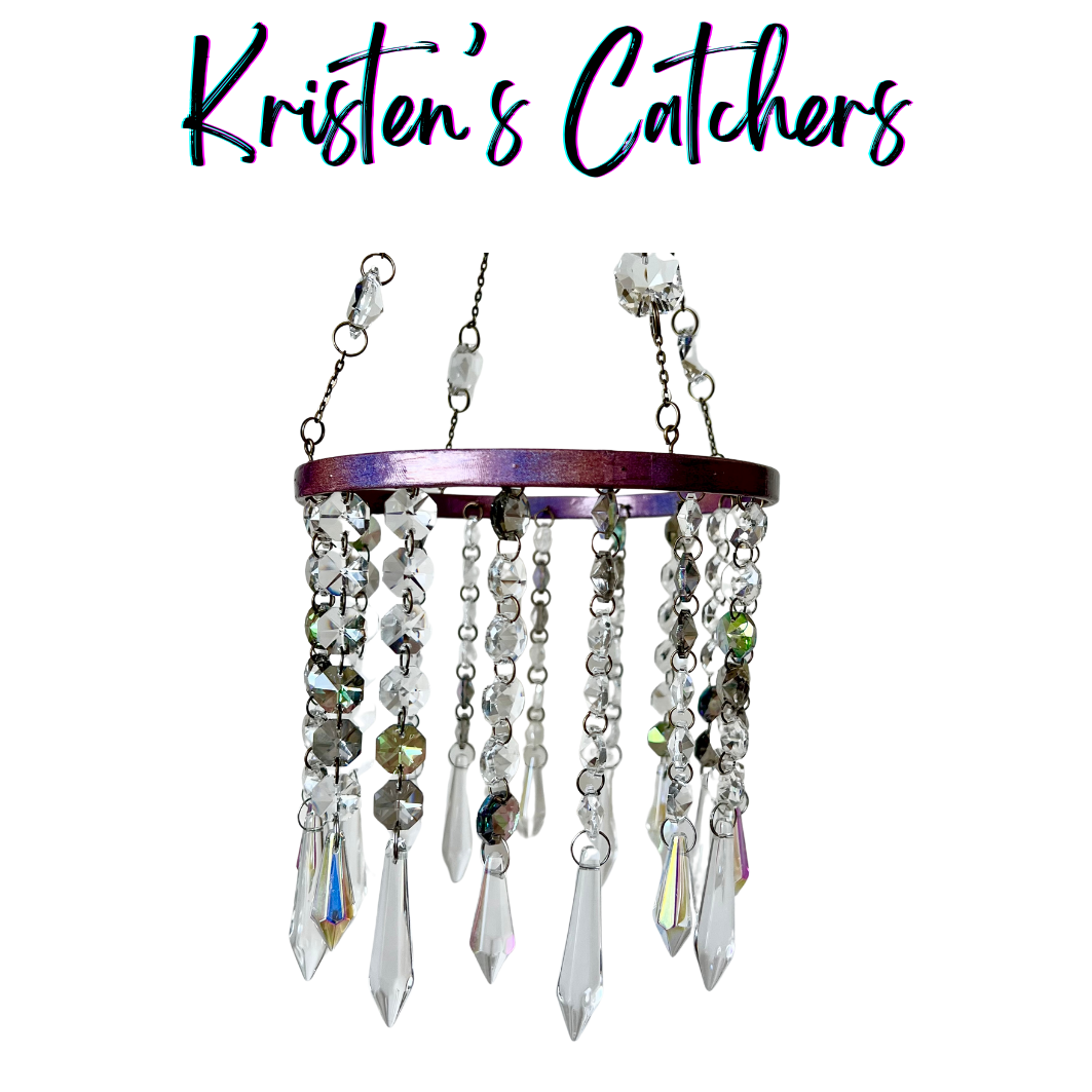 Cascading crystal chandelier sun catcher with holographic purple frame and descending crystal pattern
