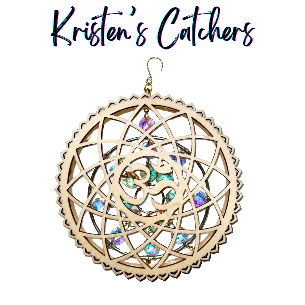 4-inch wooden Om mandala sun catcher with aurora crystals