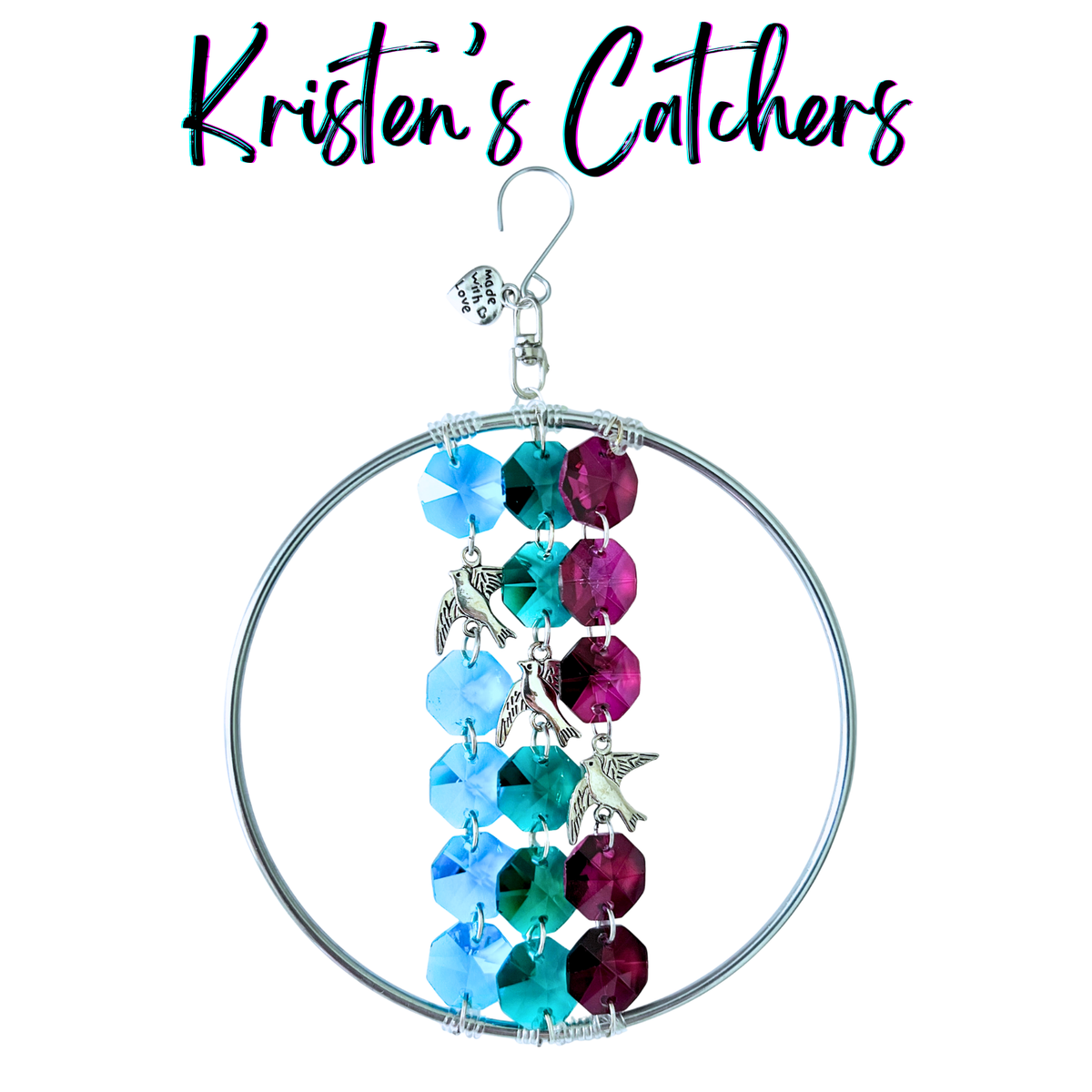 Birds in flight sun catcher with three cascading strands in sky blue, forest green and fuchsia with bird charms