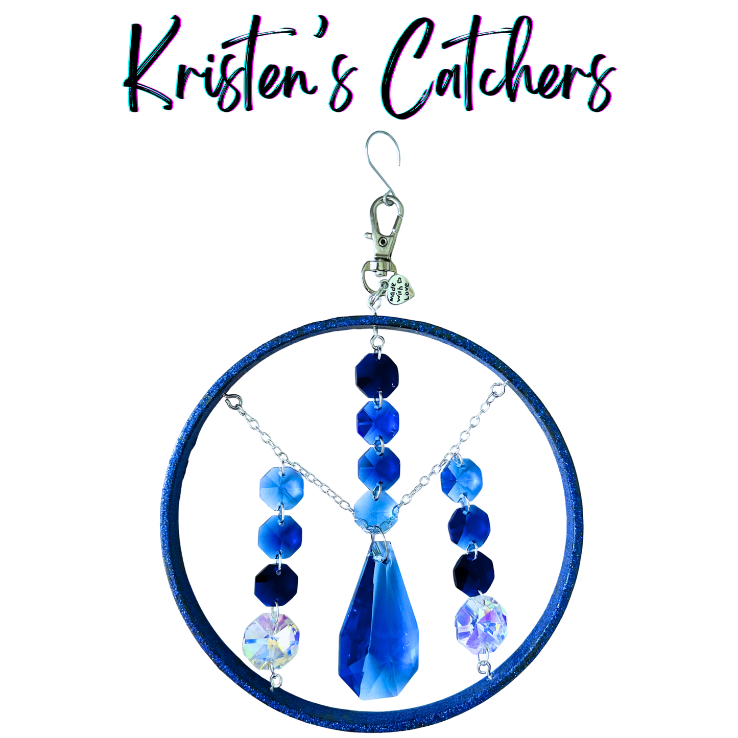 Sapphire sparkle glitter frame sun catcher with 5-inch blue glitter-coated wooden ring and multiple blue crystal shades