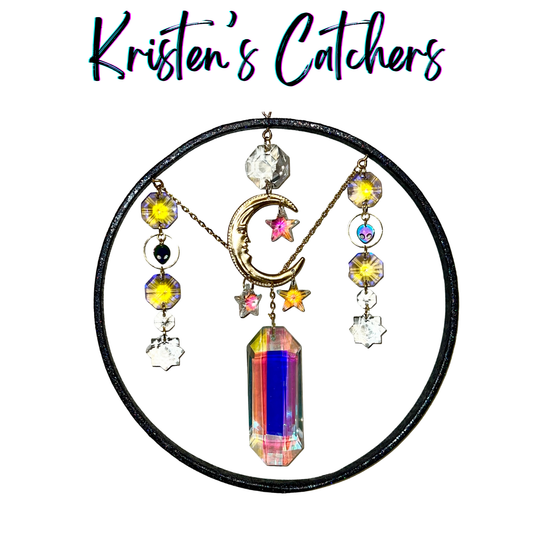 Cosmic moon and stars glitter frame sun catcher with 8-inch black glitter ring, crescent moon, stars, alien charm and rainbow prism