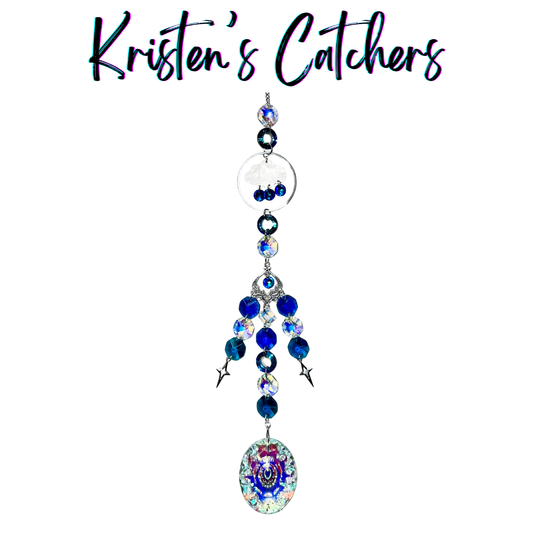 Storm clouds sun catcher with white cloud charm, blue raindrops, sapphire and teal crystals with star charms and large A/B prism