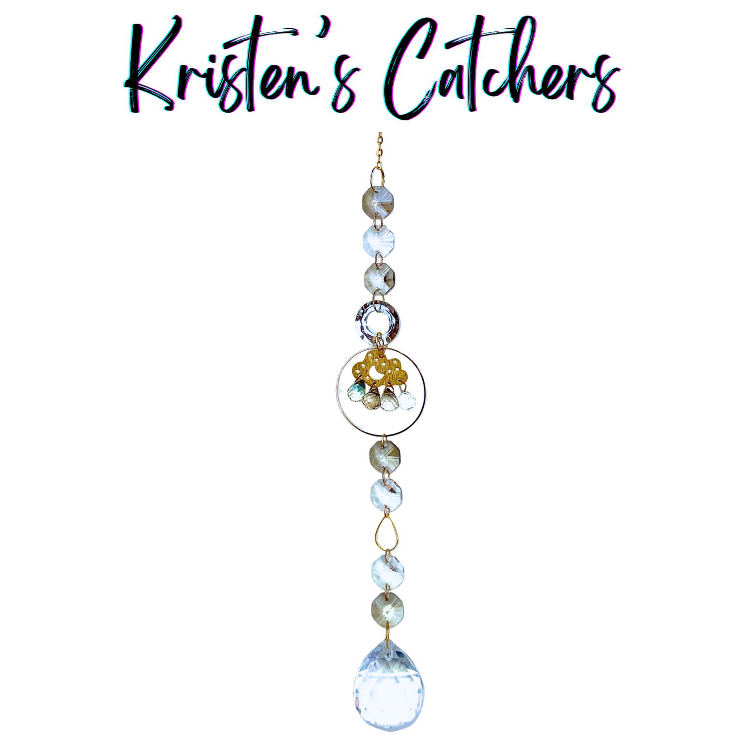 Monsoon downpour sun catcher with golden cloud charm, champagne and clear cascading crystals and large faceted ball prism