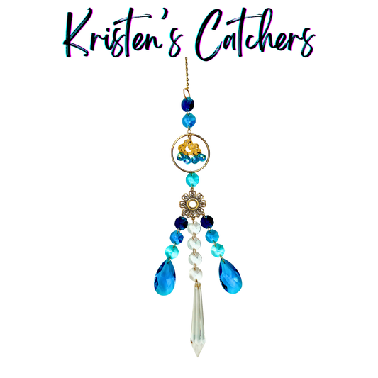 Aqua storm sun catcher with golden cloud, sapphire and turquoise crystals, three-strand cascade with aqua teardrop and clear prism finales