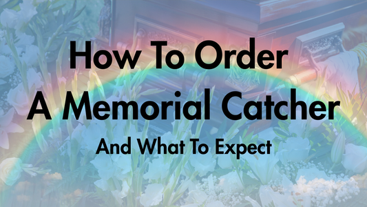 Soft rainbow light over white flowers and an antique frame representing grief and remembrance