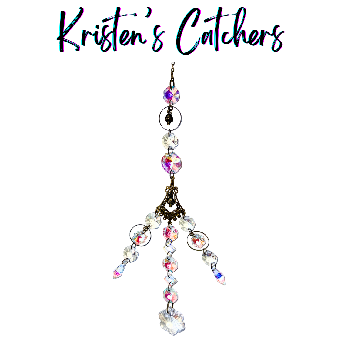 Handcrafted bronze multi-strand sun catcher with mini mushroom charms, ornate filigree connector, iridescent A/B crystals, spear drops, and a snowflake crystal pendant.