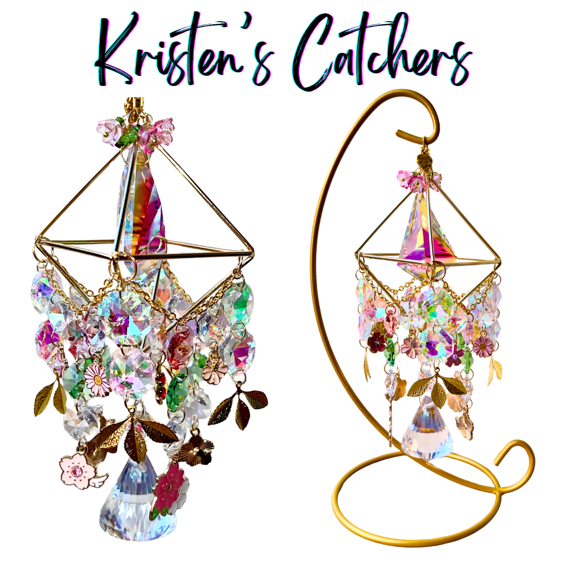 Handcrafted gold 3D geometric desk sun catcher with 16 flower charms, gold leaf accents, iridescent A/B crystals, and a teardrop pendant. Includes gold display stand.