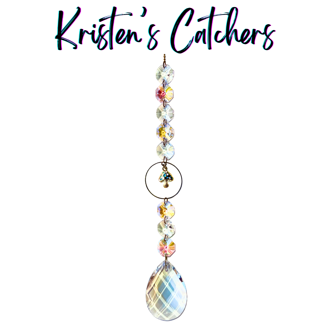 Handcrafted single strand sun catcher with gold teal-spotted mushroom charm, bronze ring connector, iridescent A/B beads, and a large lattice-cut teardrop pendant drop.