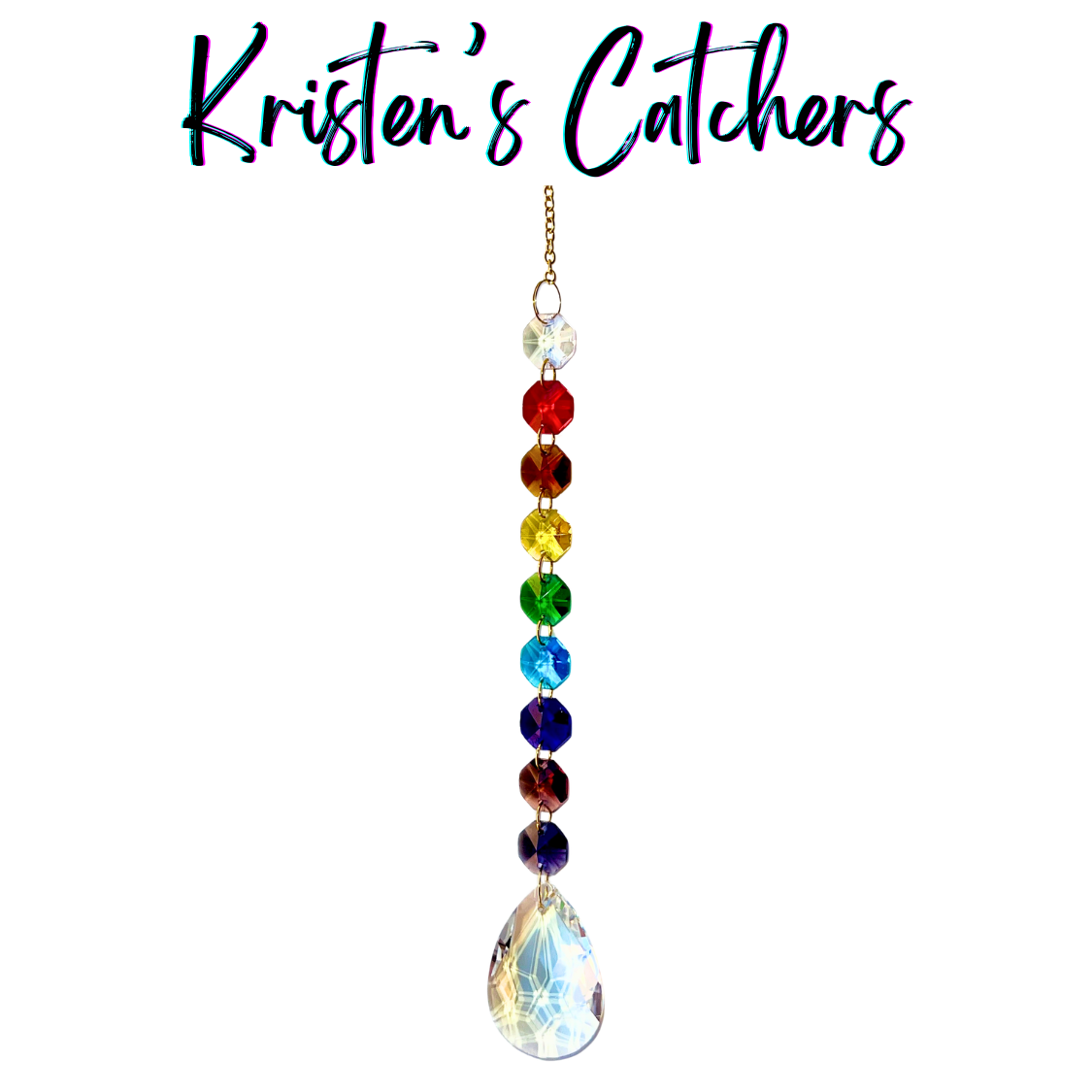 Handcrafted full spectrum sun catcher with seven saturated rainbow crystals, gold hardware, and a large clear lattice-cut teardrop pendant drop.