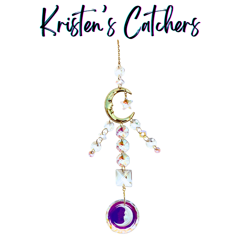 Handcrafted Artemis-inspired sun catcher with gold crescent moon connector, star charm, iridescent A/B crystal fringe, and a purple moon face circle pendant drop.