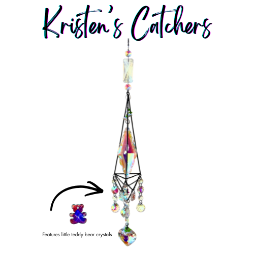 Handcrafted 3D gunmetal geometric sun catcher with iridescent teddy bear crystal charms, A/B crystal fringe, rectangular header prism, and a large clear heart pendant drop.