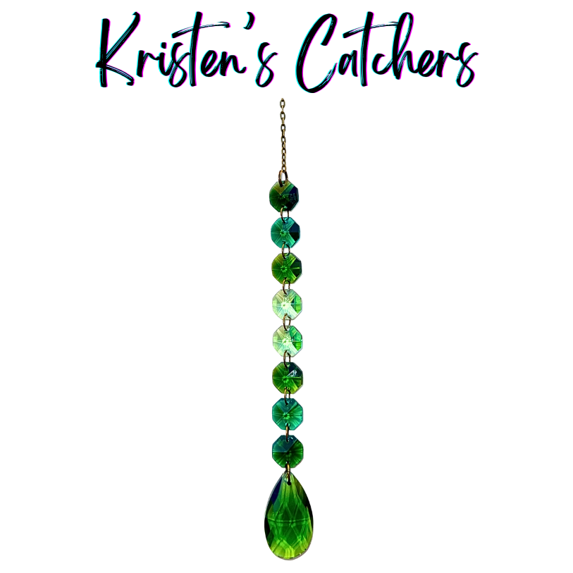 Handcrafted single strand green gradient sun catcher with bronze hardware and a deep emerald teardrop pendant drop. Full ombre from teal to sage to malachite.