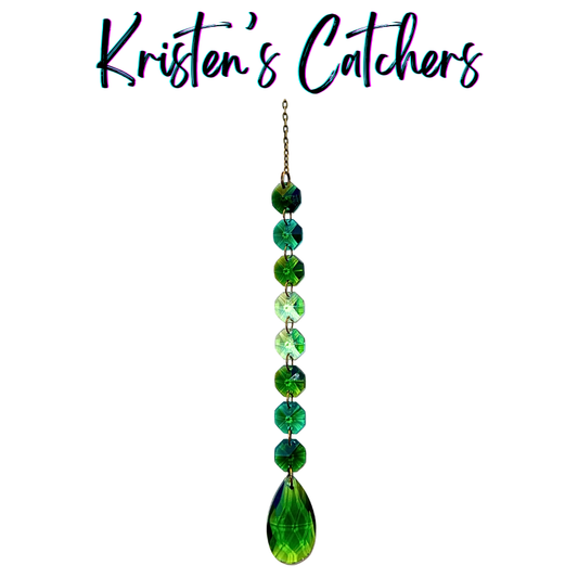 Handcrafted single strand green gradient sun catcher with bronze hardware and a deep emerald teardrop pendant drop. Full ombre from teal to sage to malachite.