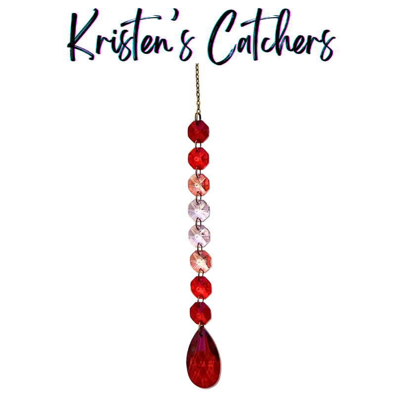 Handcrafted single strand red gradient sun catcher with bronze hardware flowing from deep crimson through blush pink to a rich ruby teardrop pendant drop.