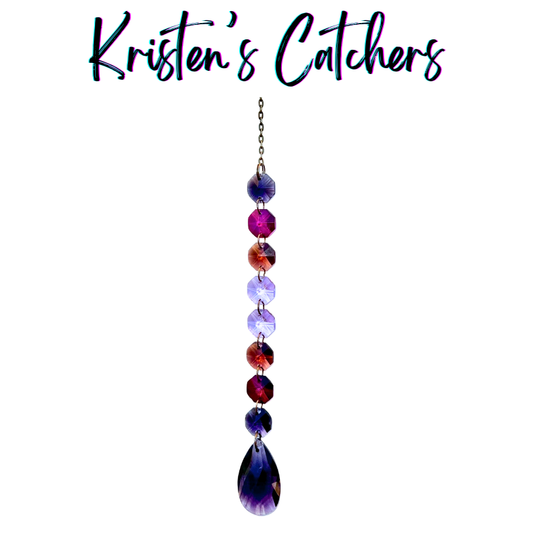 Handcrafted single strand purple gradient sun catcher with bronze hardware flowing from deep indigo through magenta and lavender to a dark amethyst teardrop pendant drop.