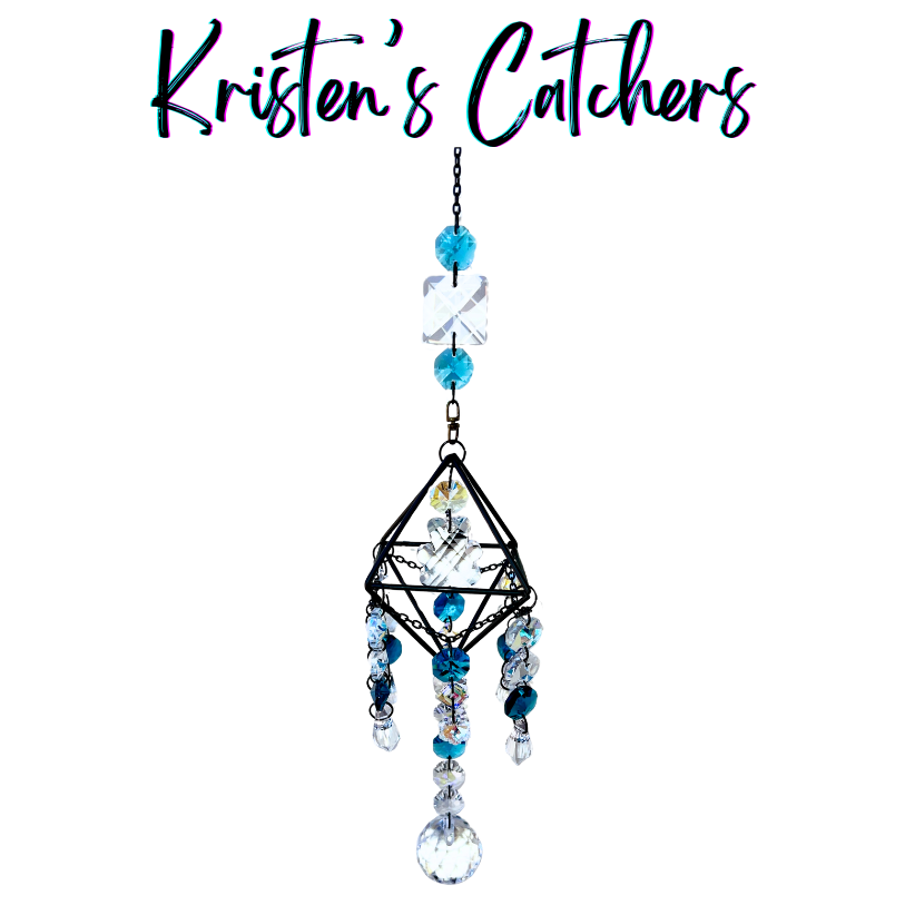 Handcrafted 3D gunmetal geometric sun catcher with teal and navy crystal fringe, clear square header crystal, teal bead topper, and a large clear ball pendant drop.