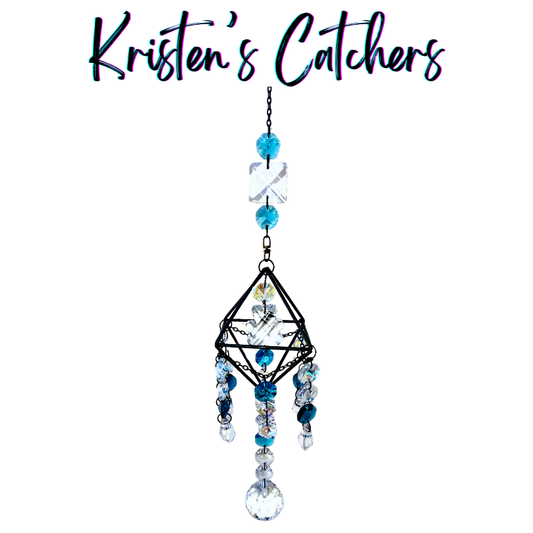 Handcrafted 3D gunmetal geometric sun catcher with teal and navy crystal fringe, clear square header crystal, teal bead topper, and a large clear ball pendant drop.