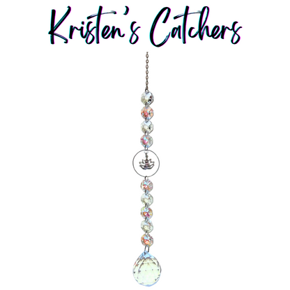 Mindful Lotus Meditation Sun Catcher with silver lotus and meditating figure charm surrounded by iridescent crystal cascade