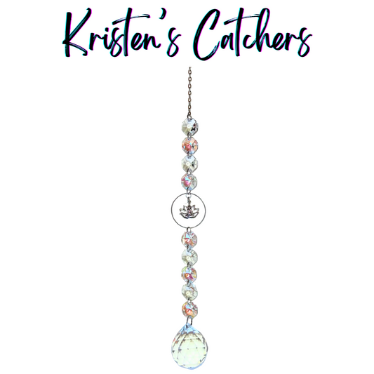 Mindful Lotus Meditation Sun Catcher with silver lotus and meditating figure charm surrounded by iridescent crystal cascade