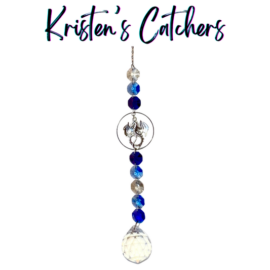 Majestic Blue Dragon Guardian Sun Catcher with silver dragon charm centerpiece and blue gradient crystal cascade ending in large faceted crystal