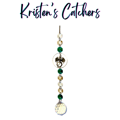 Emerald Forest Dragon Sun Catcher with bronze dragon charm centerpiece and green gradient crystal cascade ending in large faceted crystal