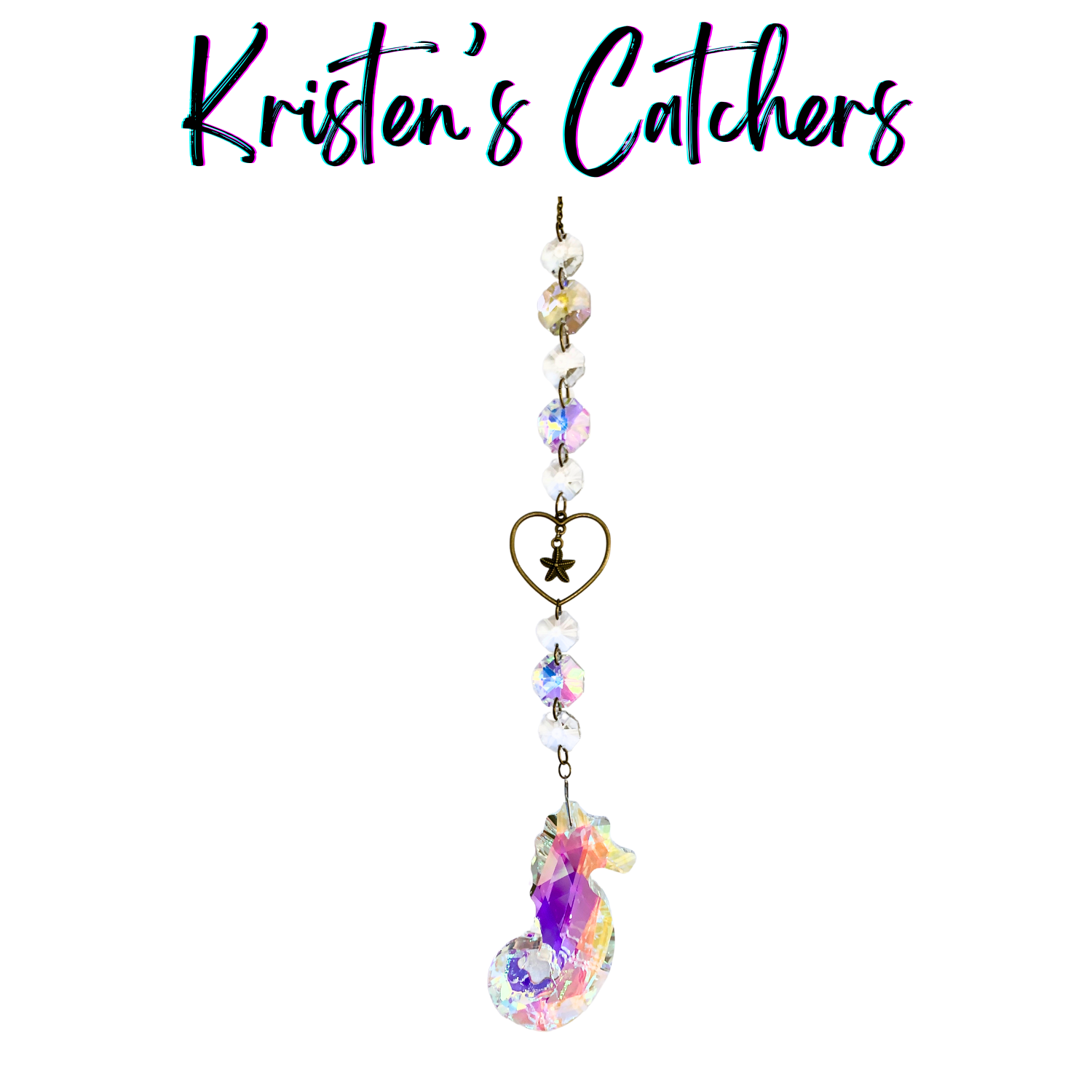 Iridescent crystal seahorse sun catcher with brass-toned accents