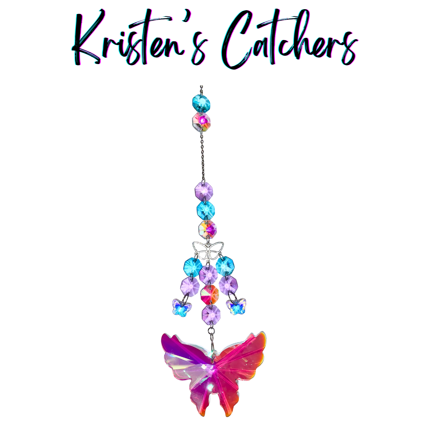 Vibrant crystal sun catcher with large iridescent butterfly pendant and colorful crystals