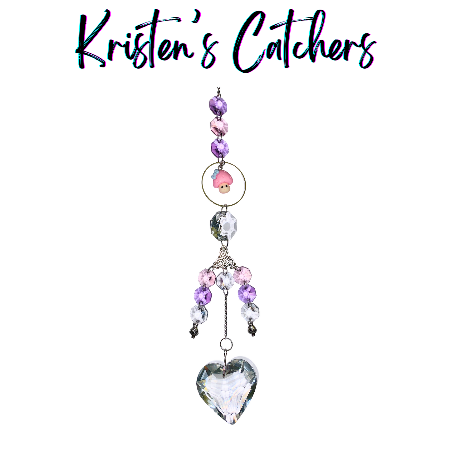 Purple and clear crystal sun catcher with pink mushroom charm and large heart-shaped crystal