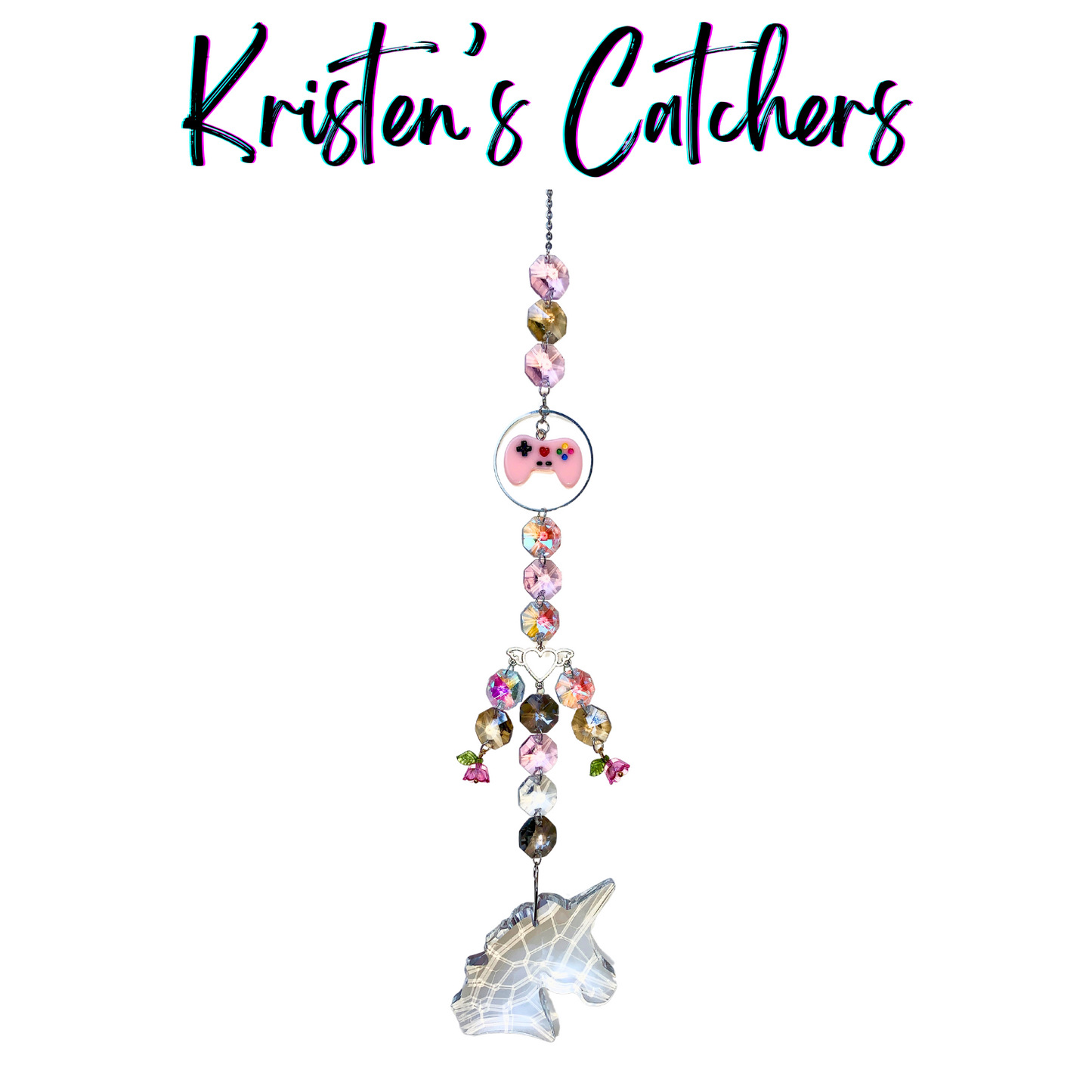 Multi-colored crystal sun catcher with pink game controller charm and crystal unicorn pendant