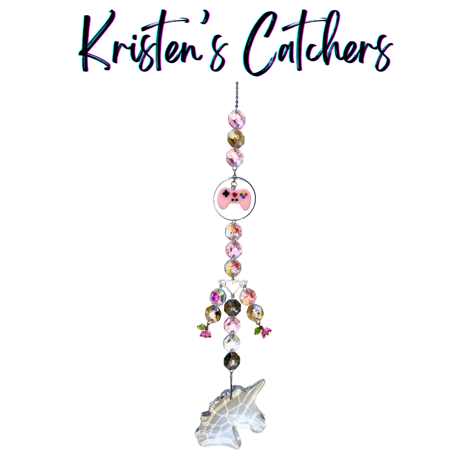 Multi-colored crystal sun catcher with pink game controller charm and crystal unicorn pendant