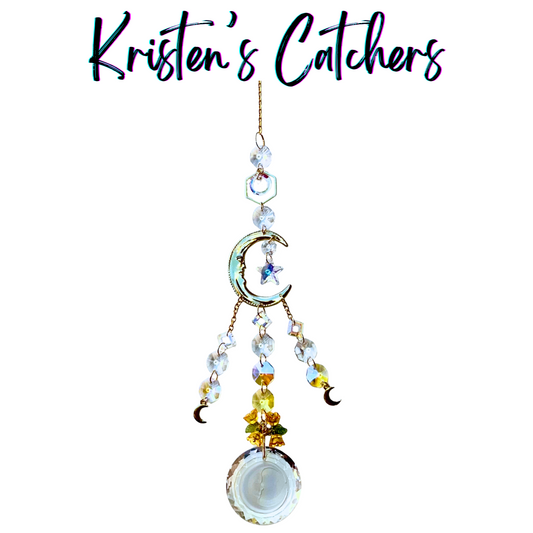 Celestial moon multi-strand sun catcher with crescent moon centerpiece, cascading prisms, and moon charms hanging against white background