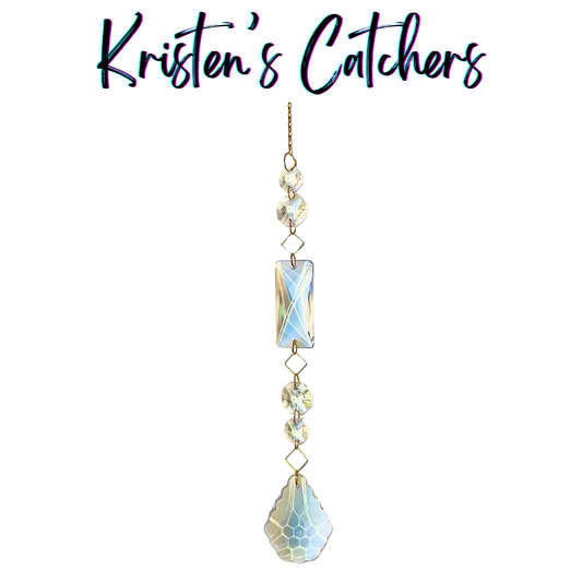 Classic single strand sun catcher with gold square frame connectors, clear octagonal prisms, and large teardrop centerpiece hanging against white background
