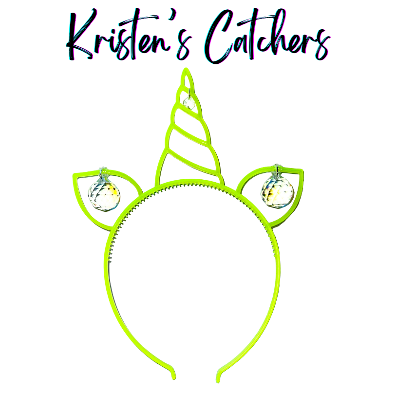 Glow-in-the-dark neon green plastic unicorn headband sun catcher with spiral horn, two ears, and a faceted clear crystal ball drop hanging from each ear