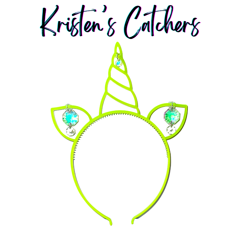 Neon yellow glow-in-the-dark unicorn headband sun catcher adorned with green and pink iridescent A/B octagon crystals, clear accent drops in each ear, and a crystal on the horn tip