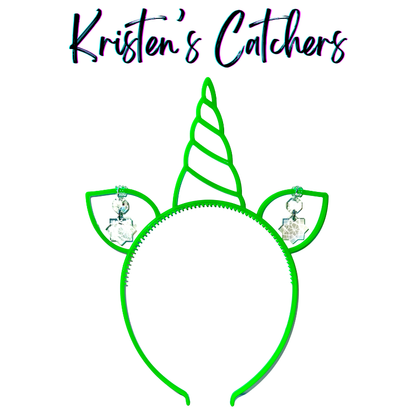 Neon green glow-in-the-dark unicorn headband sun catcher adorned with clear sunburst-shaped crystals and small clear accent beads in each ear